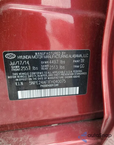 2015 Hyundai Sonata Se from USA, damaged, VIN 5NPE24AF1FH040075